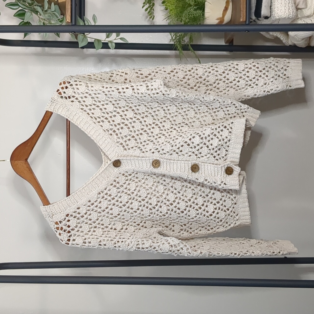 Cream Crochet V-Neck Cardigan